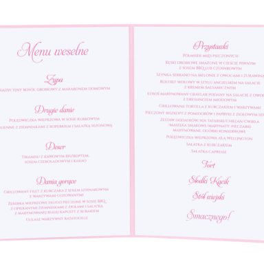 Menu weselne spis dań na stół kwiaty
