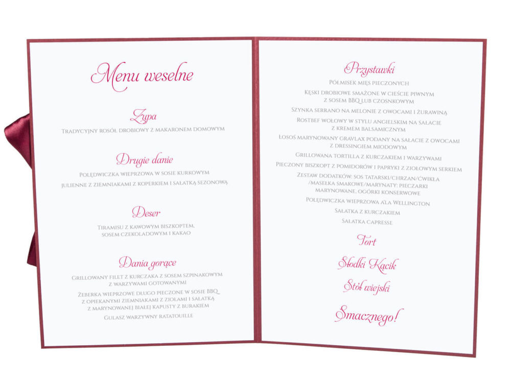 Menu weselne spis dań na stół kwiaty