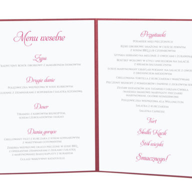 Menu weselne spis dań na stół kwiaty