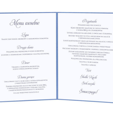 Menu weselne spis dań na stół