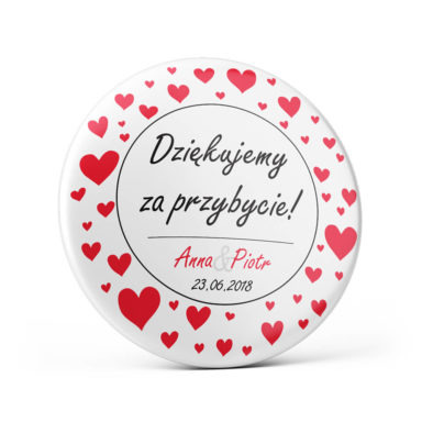 Metalowa okrągła przypinka dla gości agrafka motyw love