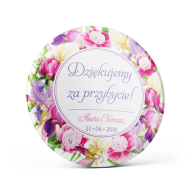 Metalowa okrągła przypinka dla gości agrafka motyw kwiatowy