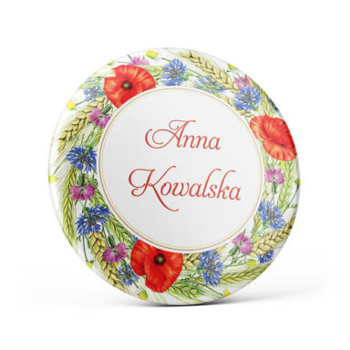 Metalowa okrągła przypinka dla gości agrafka motyw kwiatowy