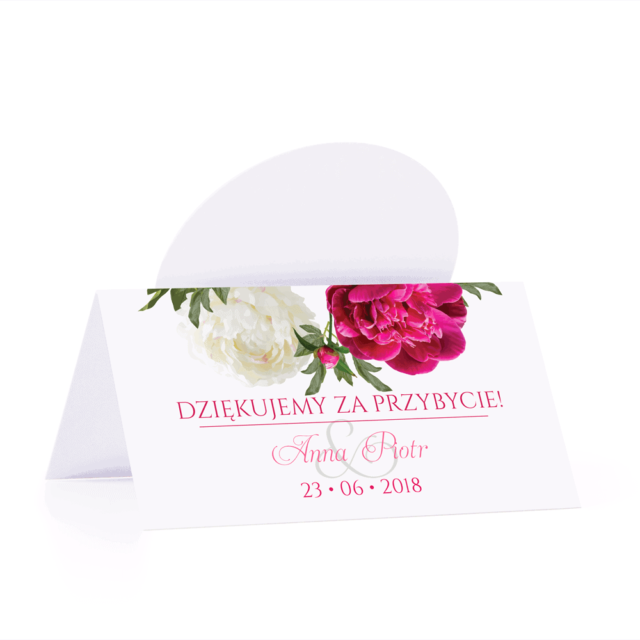Winietka weselna motyw kwiatowy biało różowe piwonie personalizacja