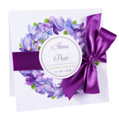 Modne kolorowe kwiatowe zaproszenie ślubne fioletowe fiołki
