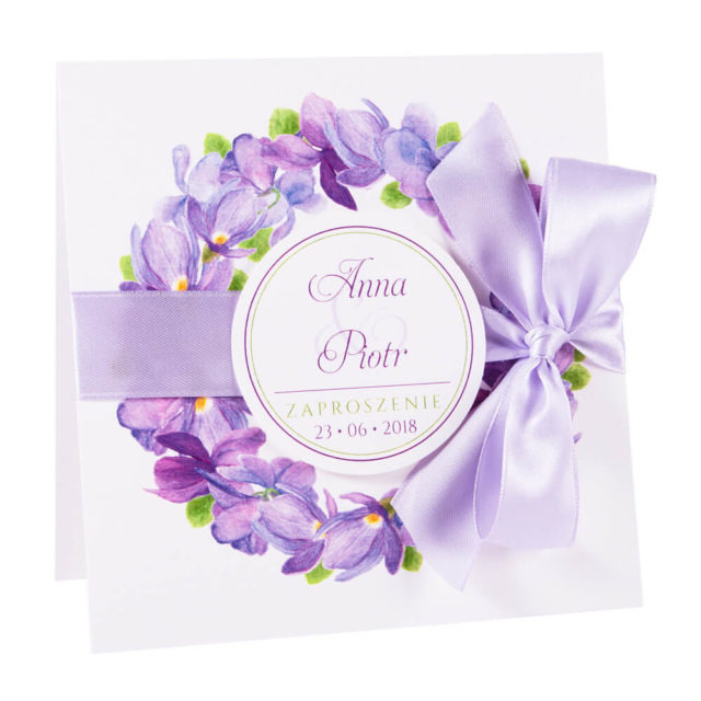 Modne kolorowe kwiatowe zaproszenie ślubne fioletowe fołki kokardka