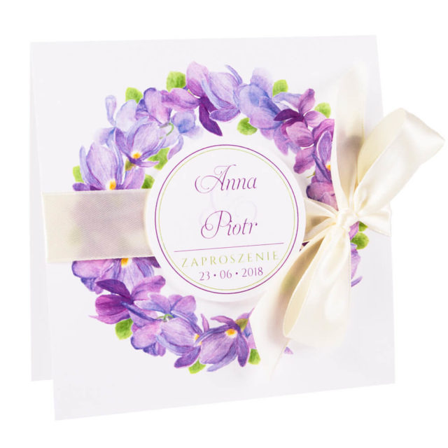 Modne kolorowe kwiatowe zaproszenie ślubne fioletowe fiołki