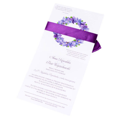 Modne kolorowe kwiatowe zaproszenie ślubne fioletowe fiołki