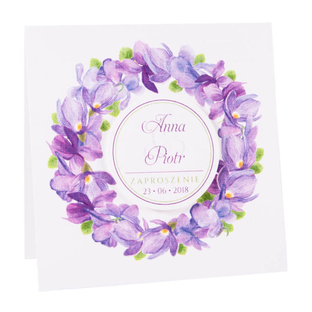 Modne kolorowe kwiatowe zaproszenie ślubne fioletowe fiołki