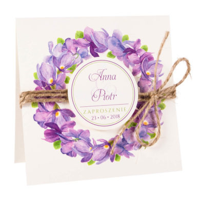 Modne kolorowe kwiatowe zaproszenie ślubne fioletowe fiołki