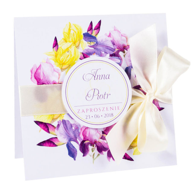 Modne kolorowe kwiatowe zaproszenie ślubne fioletowe irysy