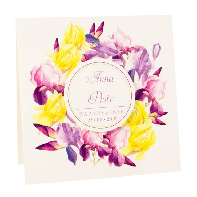 Modne kolorowe kwiatowe zaproszenie ślubne fioletowe irysy