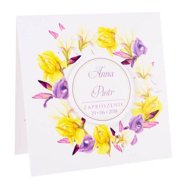 Modne kolorowe kwiatowe zaproszenie ślubne żółte irysy