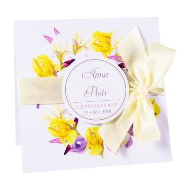 Modne kolorowe kwiatowe zaproszenie ślubne żółte irysy