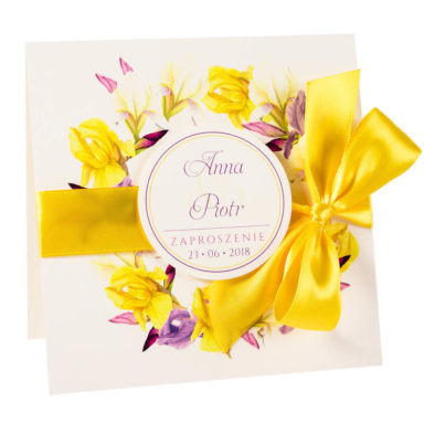 Modne kolorowe kwiatowe zaproszenie ślubne żółte irysy