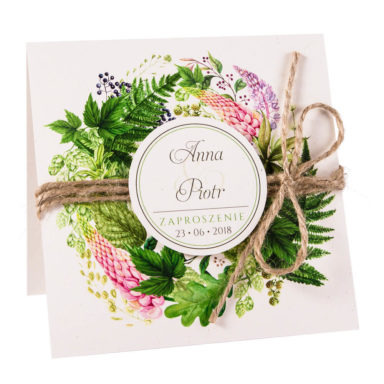 Modne kolorowe kwiatowe zaproszenie ślubne łubin i paproć