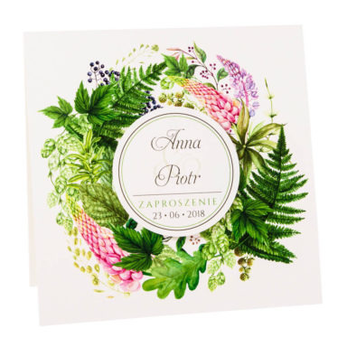 Modne kolorowe kwiatowe zaproszenie ślubne łubin i paproć