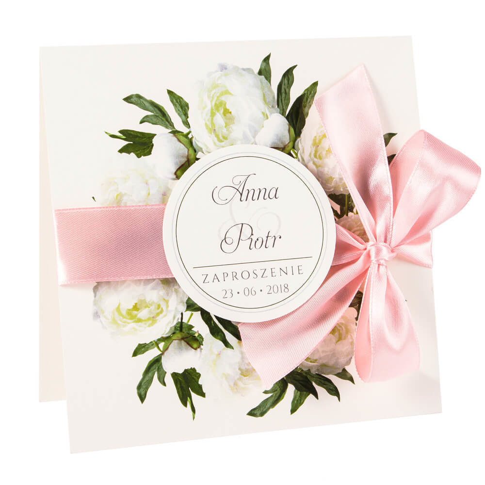 Eleganckie modne kwiatowe zaproszenia ślubne białe piwonie