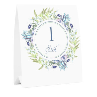 Numer na stół weselny oznaczenie informacja dla gości kwiaty anemony sukulenty