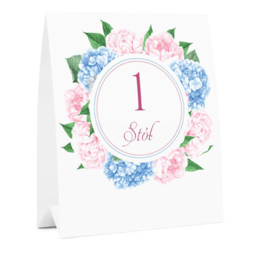 Numer na stół weselny oznaczenie informacja dla gości kwiaty piwonie hortensje