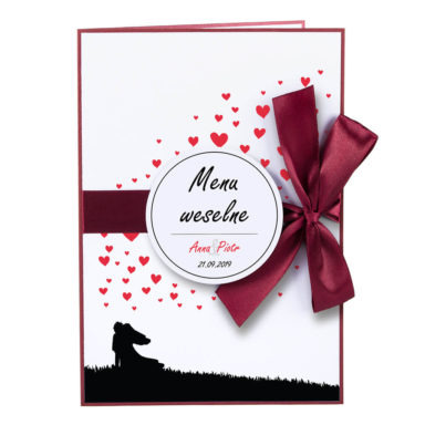 karty menu weselne spis dań na stół motyw love serca personalizacja
