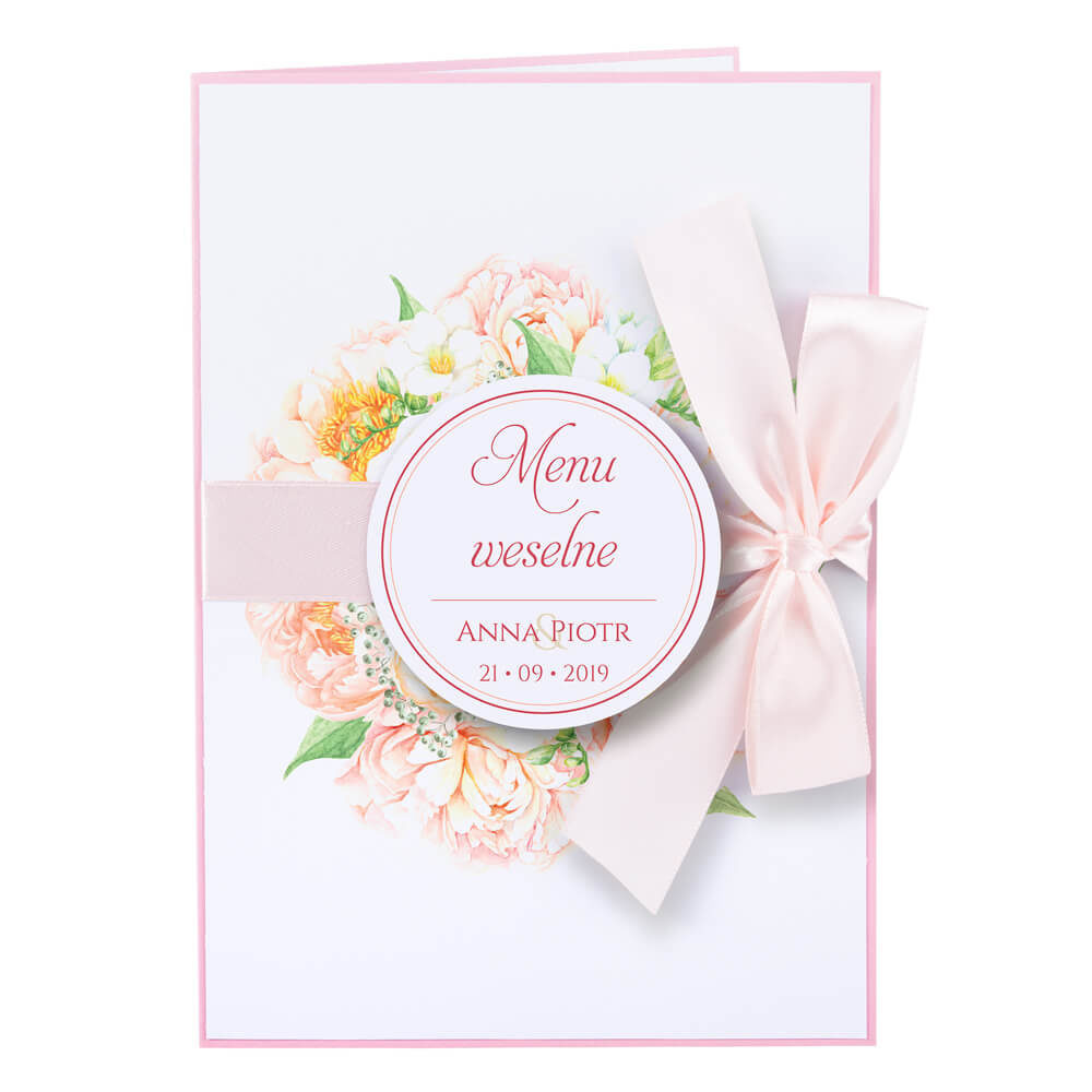 karty menu weselne spis dań na stół motyw kwiatowy personalizacja