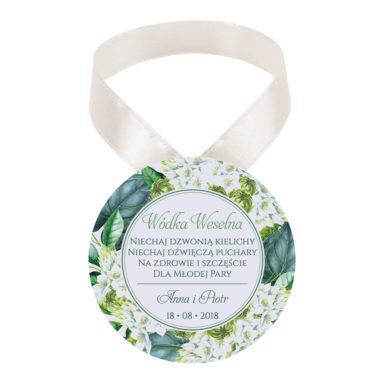 Zawieszka ozdoba na alkohol weselny na stół kwiaty zielone