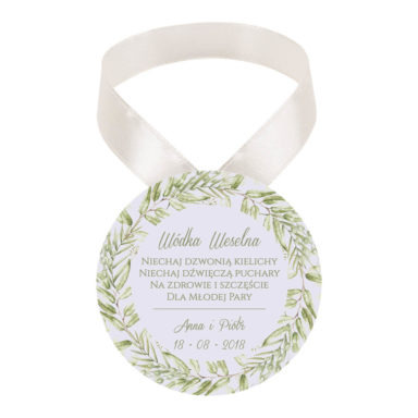 Zawieszka ozdoba na alkohol weselny na stół kwiaty greenery