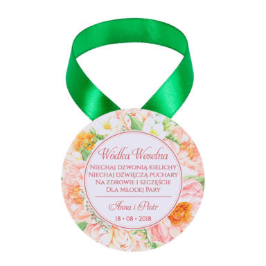 Zawieszka ozdoba na alkohol weselny na stół kwiaty frezji piwonii