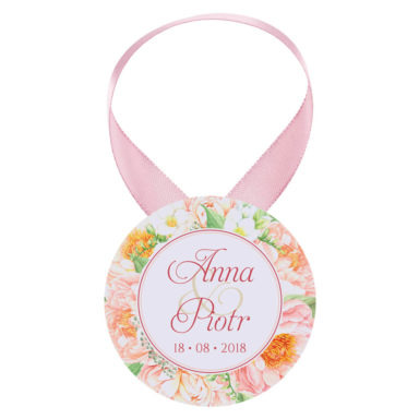 Zawieszka ozdoba na alkohol weselny na stół kwiaty frezjii piwonii