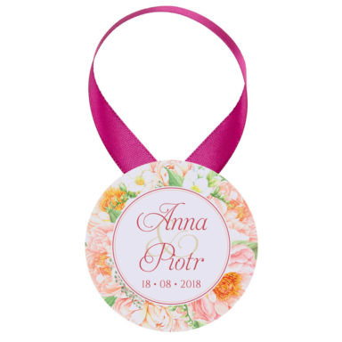 Zawieszka ozdoba na alkohol weselny na stół kwiaty frezjii piwonii