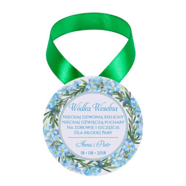 Zawieszka ozdoba na alkohol weselny na stół kwiaty niezapominajki