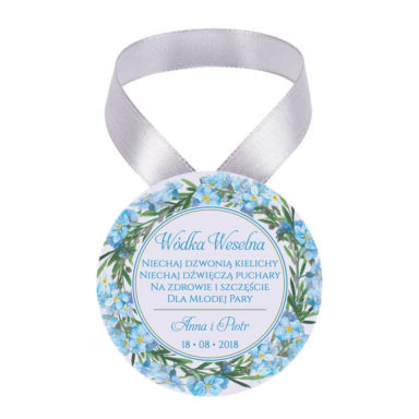 Zawieszka ozdoba na alkohol weselny na stół kwiaty niezapominajki