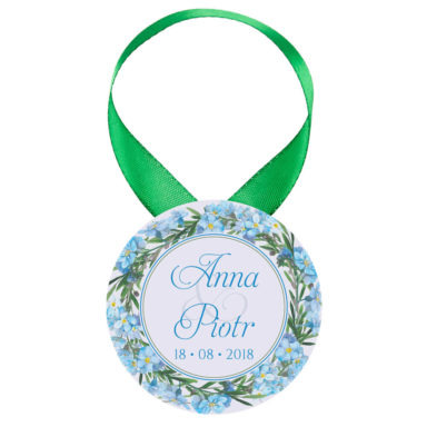 Zawieszka ozdoba na alkohol weselny na stół kwiaty niezapominajki