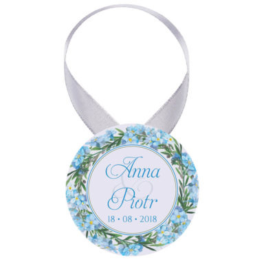 Zawieszka ozdoba na alkohol weselny na stół kwiaty niezapominajki