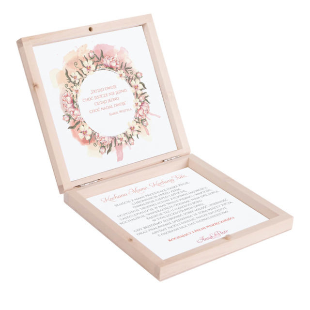 Eleganckie drewniane pudełko podziękowanie zaproszenie dla rodziców motyw kwiatowy