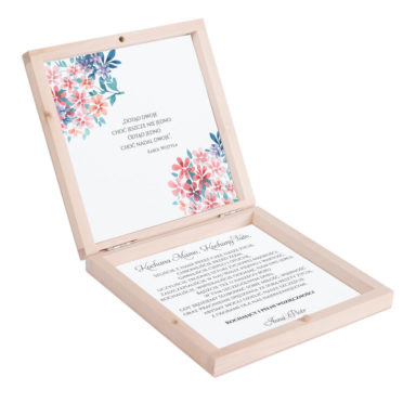 Eleganckie drewniane pudełko podziękowanie zaproszenie dla rodziców motyw kwiatowy niebieski