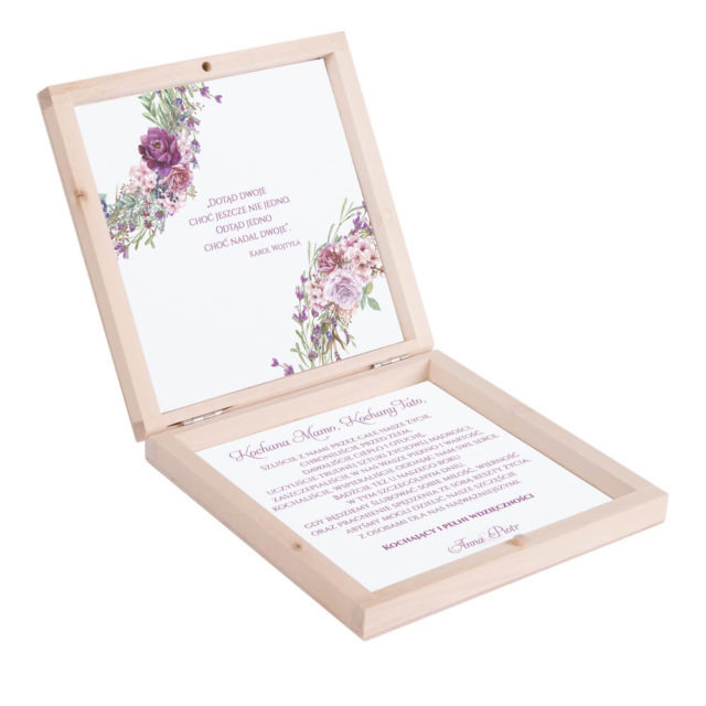 Eleganckie drewniane pudełko podziękowanie zaproszenie dla rodziców motyw kwiatowy fioletowy