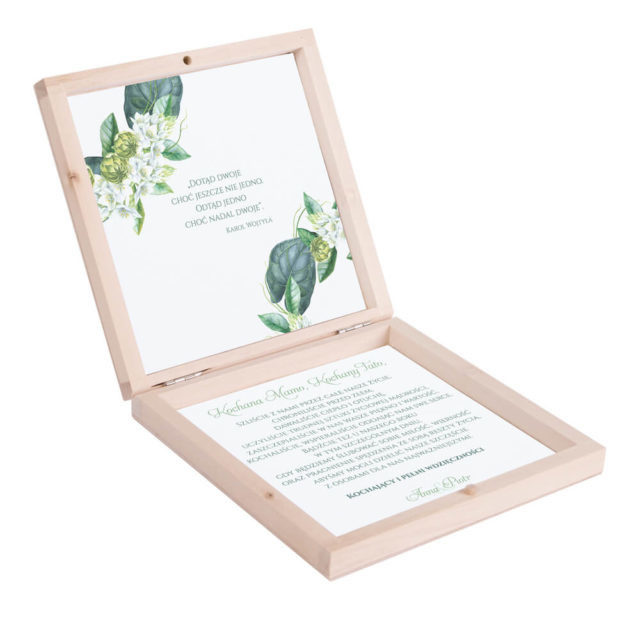 Eleganckie drewniane pudełko podziękowanie zaproszenie dla rodziców motyw kwiatowy zielony florals