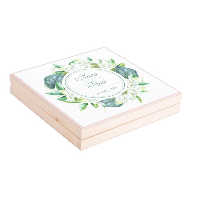 Eleganckie drewniane pudełko podziękowanie zaproszenie dla rodziców motyw kwiatowy zielony florals