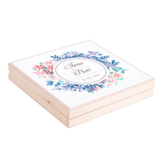 Eleganckie drewniane pudełko podziękowanie zaproszenie dla rodziców motyw kwiatowy niebieski
