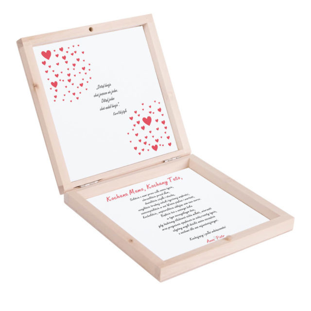 Eleganckie drewniane pudełko podziękowanie zaproszenie dla rodziców motyw love serca