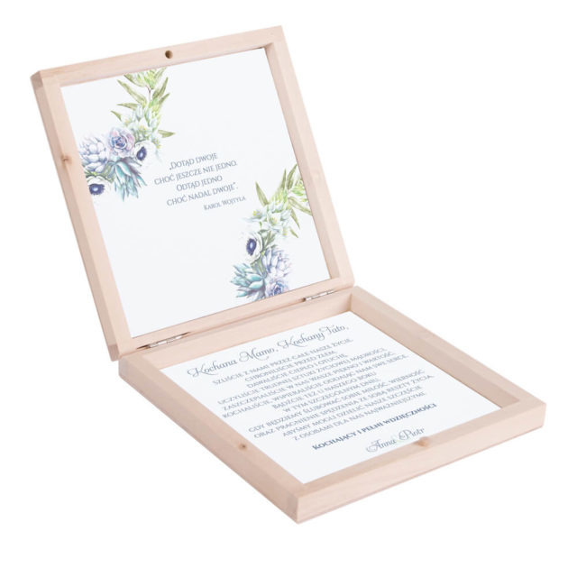 Eleganckie drewniane pudełko podziękowanie zaproszenie dla rodziców motyw kwiatowy anemony sukulenty
