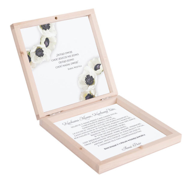 Eleganckie drewniane pudełko podziękowanie zaproszenie dla rodziców motyw kwiatowy anemony białe