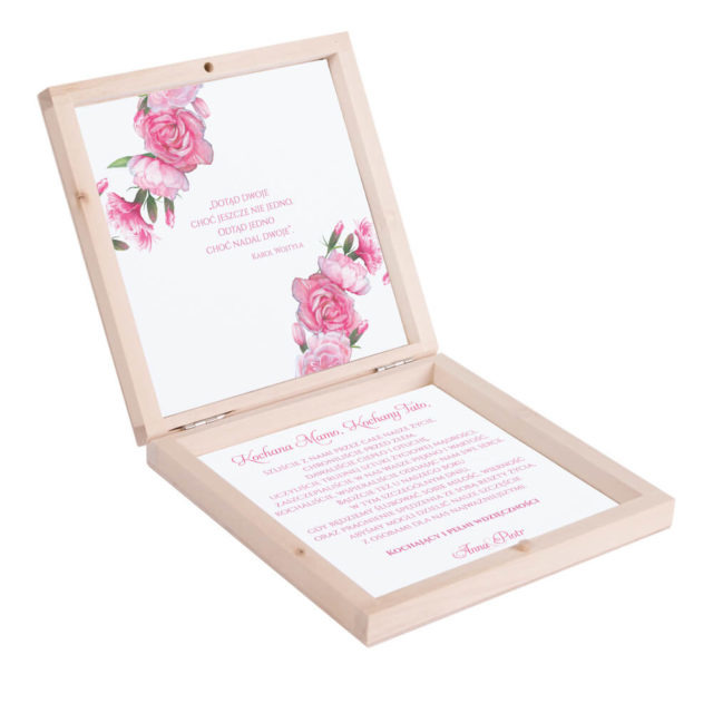 Eleganckie drewniane pudełko podziękowanie zaproszenie dla rodziców motyw kwiatowy różowe goździki