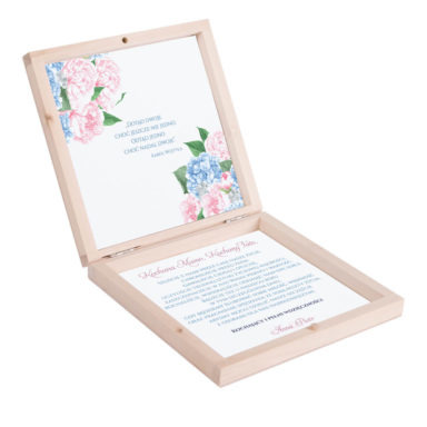 Eleganckie drewniane pudełko podziękowanie zaproszenie dla rodziców motyw kwiatowy piwonie hortensja