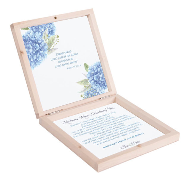 Eleganckie drewniane pudełko podziękowanie zaproszenie dla rodziców motyw kwiatowy niebieskie hortensje