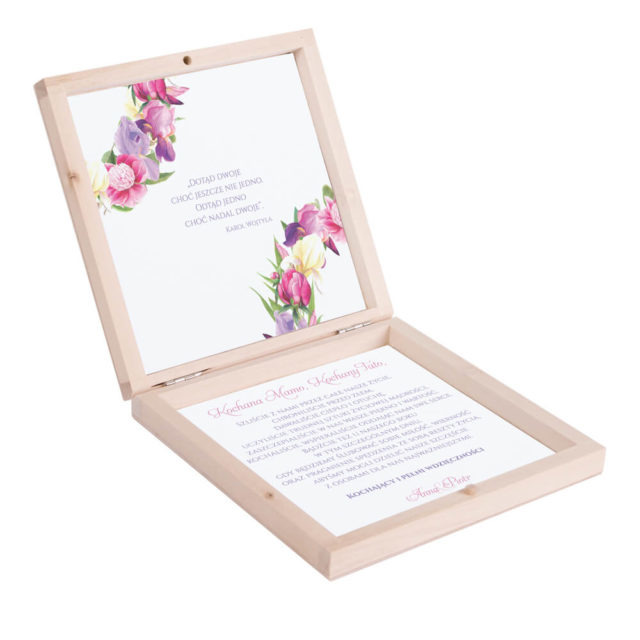 Eleganckie drewniane pudełko podziękowanie zaproszenie dla rodziców motyw kwiatowy piwonie irysy