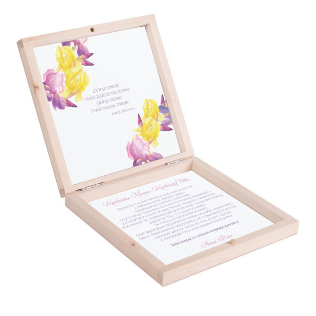 Eleganckie drewniane pudełko podziękowanie zaproszenie dla rodziców motyw kwiatowy irysy żółte