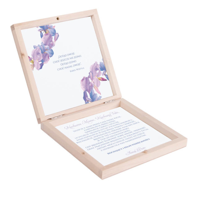 Eleganckie drewniane pudełko podziękowanie zaproszenie dla rodziców motyw kwiatowy irysy